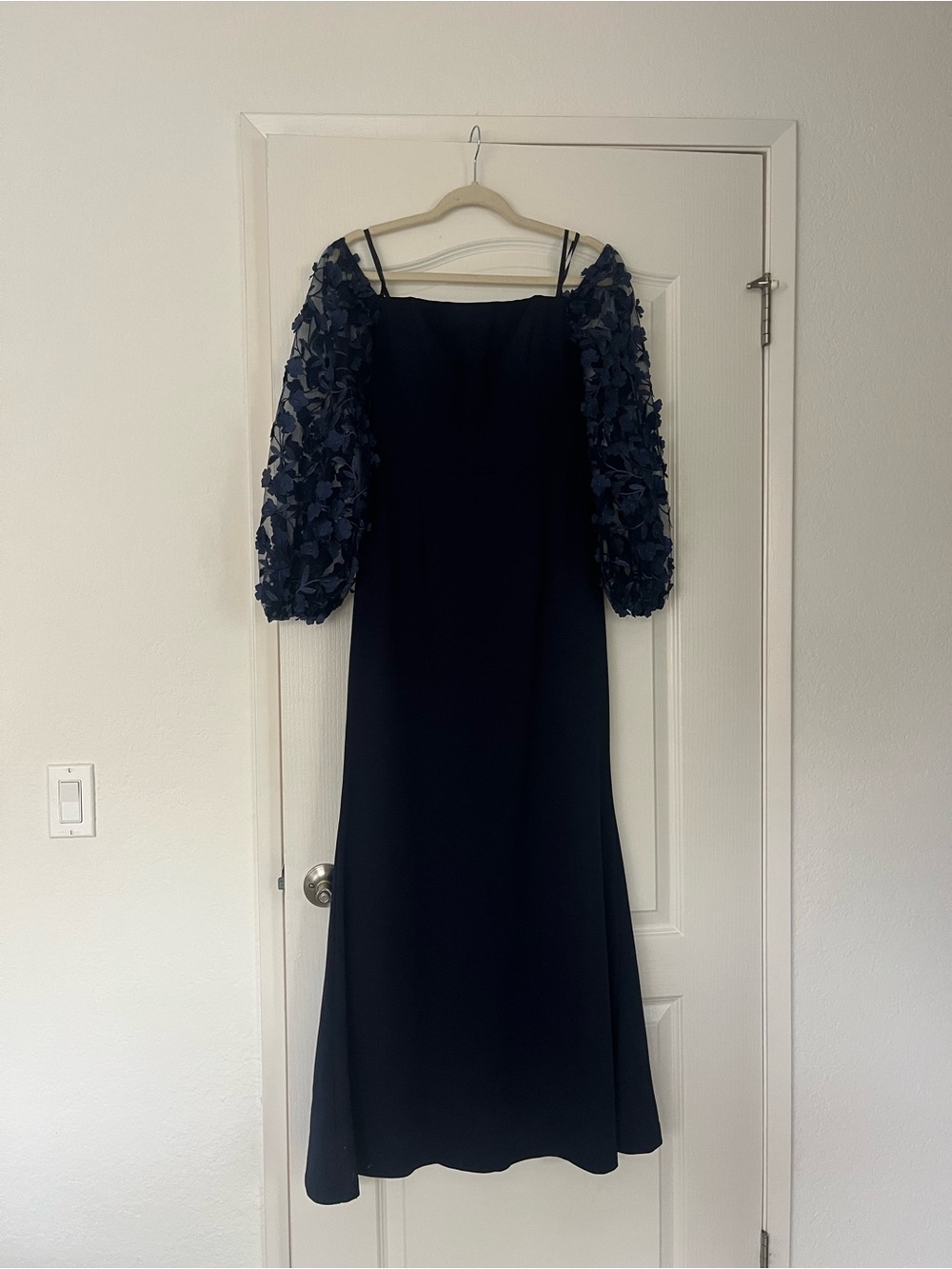 Eliza J Navy Off-Shoulder Dress with Textured Puff Sleeves